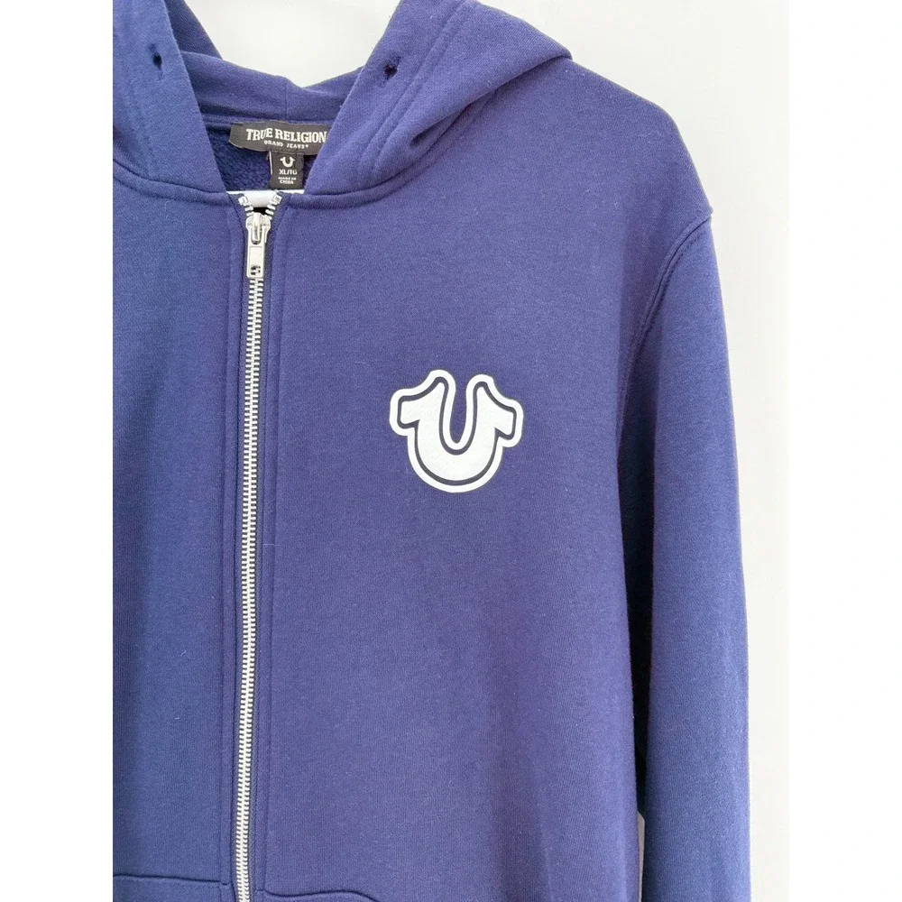 True Religion Zip Hoodie Men XL Navy Blue Good Buddha Graphic Horseshoe Logo New